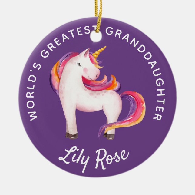 Granddaughter Unicorn Girly Personalised Ceramic Tree Decoration (Front)