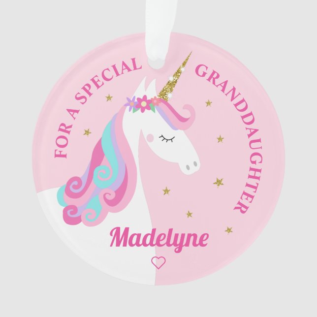 Granddaughter Unicorn Gold Glitter Stars Pink Ornament (Front)