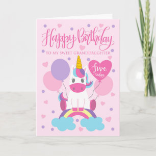 Granddaughter Unicorn On Rainbow 5th Birthday Card
