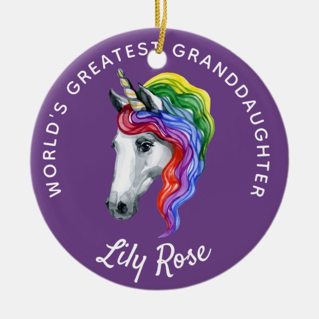 Granddaughter Unicorn Personalised Ceramic Tree Decoration (Front)