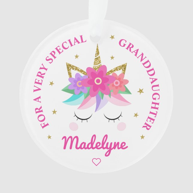 Granddaughter Unicorn Pink Flowers Personalised Ornament (Front)