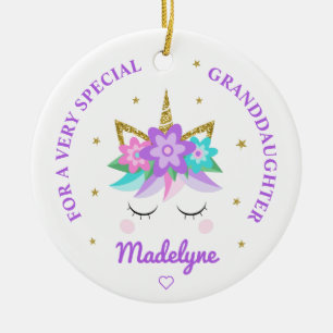 Granddaughter Unicorn Purple Flowers Personalized Ceramic Tree Decoration