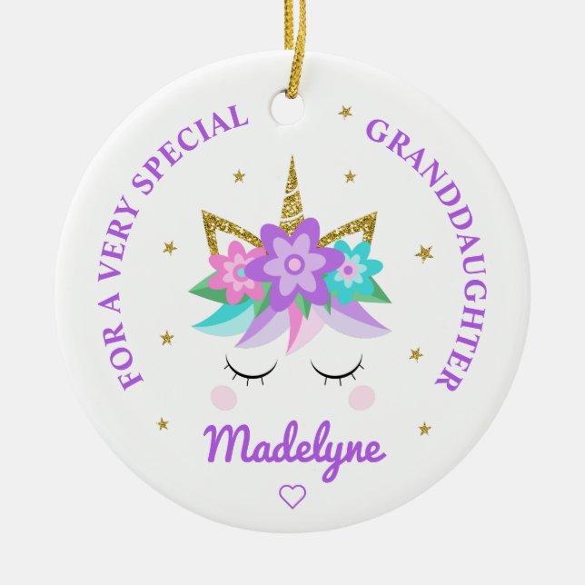 Granddaughter Unicorn Purple Flowers Personalized Ceramic Tree Decoration (Front)