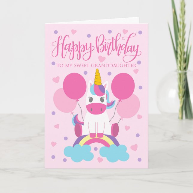 Granddaughter Unicorn Sitting On Rainbow Birthday Card (Front)