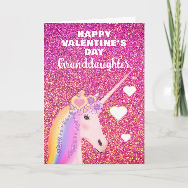 Granddaughter Unicorn Valentines Day Glitter Name Holiday Card (Front)