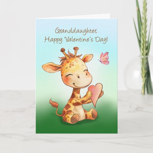 Granddaughter Valentine Cute Happy Giraffe Heart Card (Front)