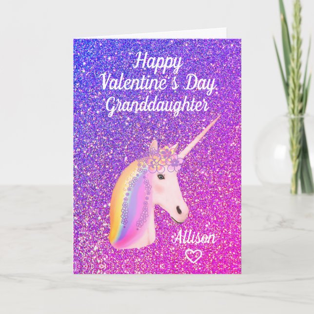Granddaughter Valentines Day Glitter Unicorn Name Holiday Card (Front)
