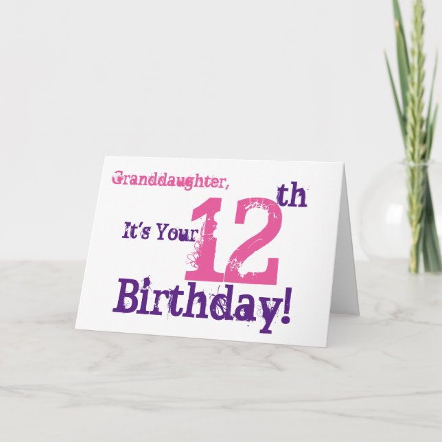 Granddaughter's 12th birthday in purple, pink. card (Front)