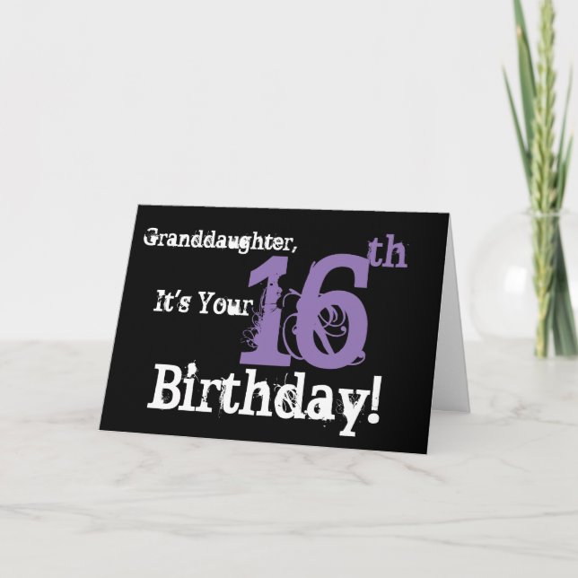 Granddaughter's 16th birthday, black, purple. card (Front)