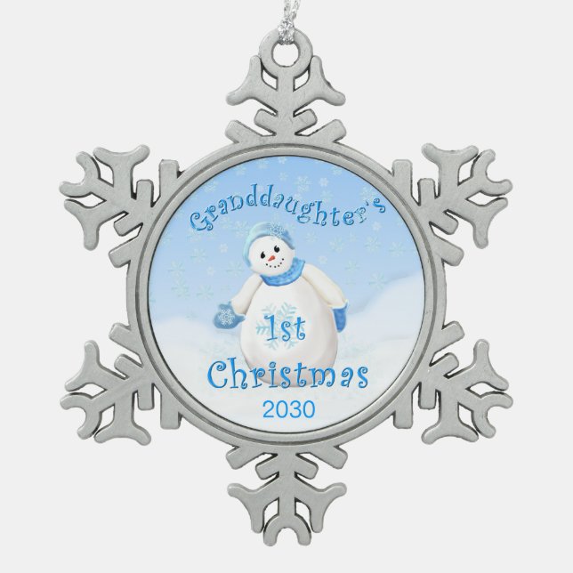 Granddaughter's 1st Christmas Snowman Snowflake Pewter Christmas Ornament (Front)