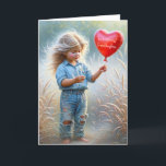 Granddaughter's Birthday Heart Balloon Card<br><div class="desc">Cute little girl wearing ripped denim jeans and holding a red heart balloon in a country field for a granddaughter.
All text can be changed.</div>
