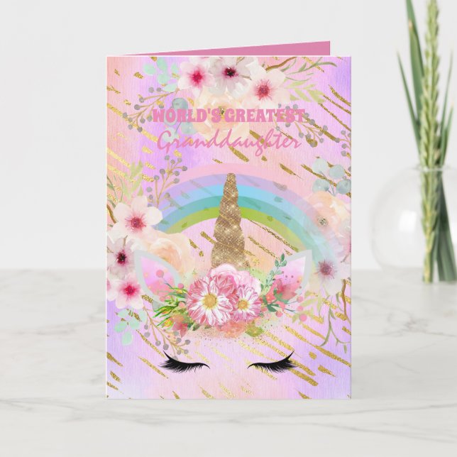 GRANDDAUGHTER's UNICORN Gifts Pink Gold Girly Card (Front)