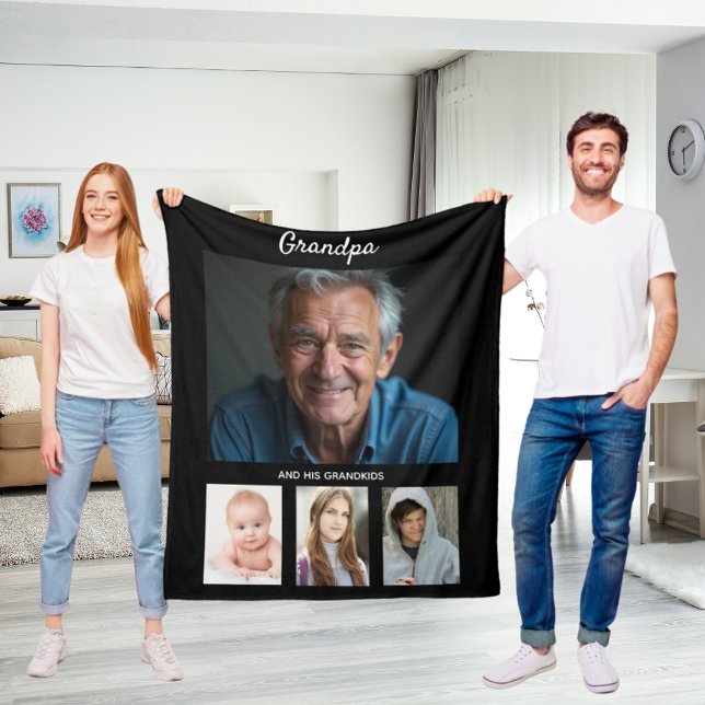 Grandfather black white photo collage fleece blanket (Creator Uploaded)