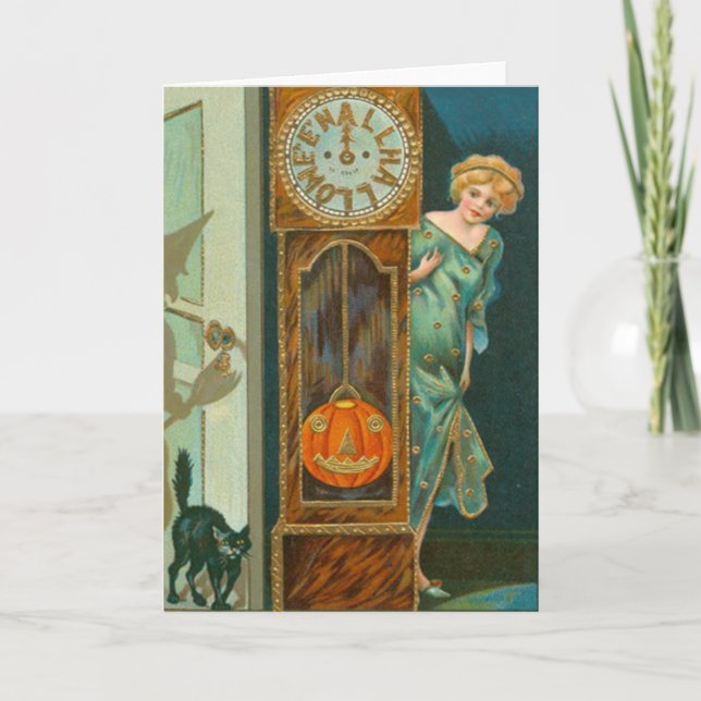 Grandfather Clock Black Cat Witch Pumpkin Card (Front)