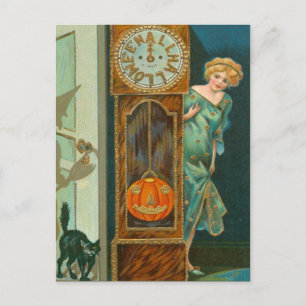 Grandfather Clock Black Cat Witch Pumpkin Postcard