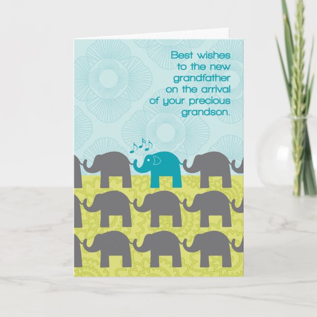Grandfather Congrats New Grandson Cute Elephants Card (Front)