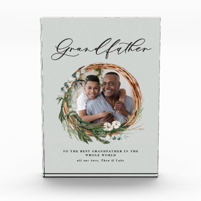 Grandfather modern chic elegant leafy wreath photo block (Front)