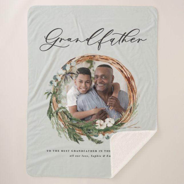 Grandfather modern chic elegant leafy wreath photo sherpa blanket (Front)