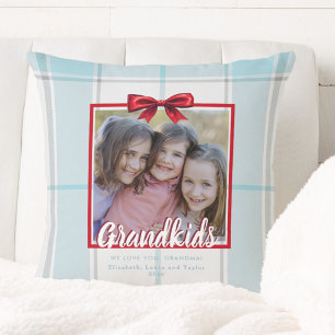 Grandkids Blue Plaid Bow Christmas Holiday Photo Cushion