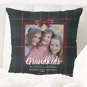 Grandkids Green Plaid Bow Christmas Holiday Photo Cushion