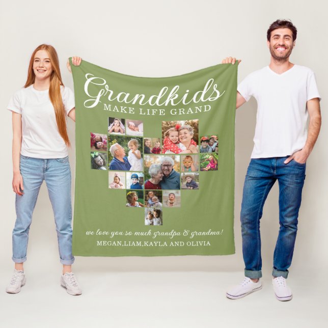 Grandkids Make Life Grand 18 Photo Heart Collage  Fleece Blanket (In Situ)