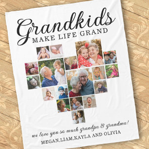 Grandkids Make Life Grand 18 Photo Heart Collage Fleece Blanket