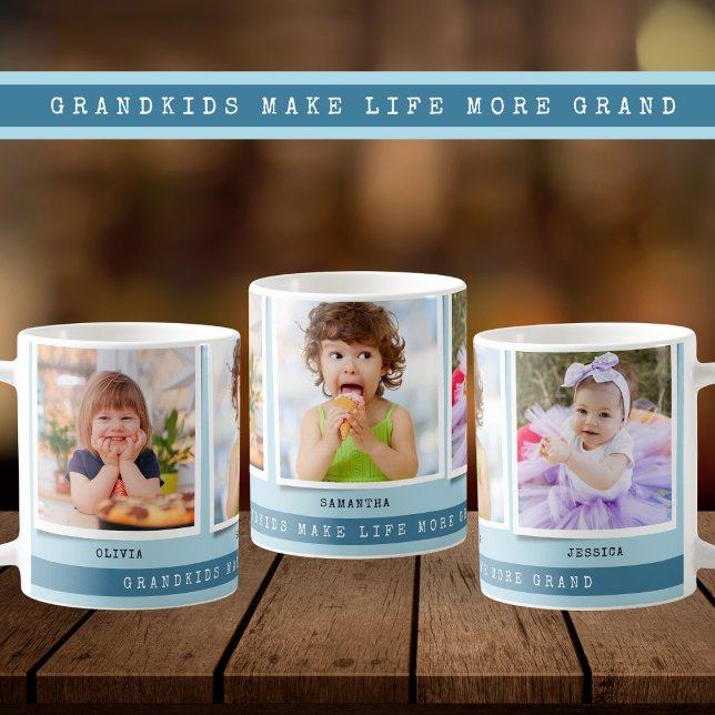 Grandkids Make Life Grand 3 Photo Collage Blue Coffee Mug (Creator Uploaded)