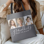 Grandkids Make Life Grand 3 Photo Collage Grey Tote Bag<br><div class="desc">A thoughtful gift for grandparents, this stylish personalised tote bag design features a 3-photo template to personalise with photos of the grandchildren. A combination of modern handwritten script combined with a modern sans serif font spell out "grandkids make life grand!" The background is a trendy grey that is always in...</div>
