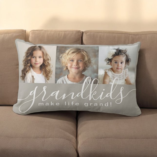 Grandkids Make Life Grand 3 Photo Collage Lumbar Cushion (A great gift idea for Grandparents. Personalize with 3 photos.)