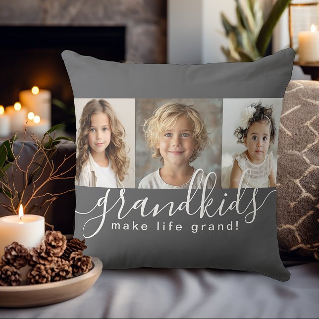 Grandkids Make Life Grand 3 Photo Collage on Grey Cushion (Personalize this pillow for a great gift for Grandparents!)