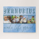 Grandkids Make Life Grand 4 Photo Collage Blue Jigsaw Puzzle<br><div class="desc">This jigsaw puzzle is a fun photo gift for Grandparents. You can add 4 of your favourite photos of the grandchildren, which are displayed in square format, photo strip style. The simple collage is framed with the saying "grandkids make life grand" and is set against a blue background. Please browse...</div>