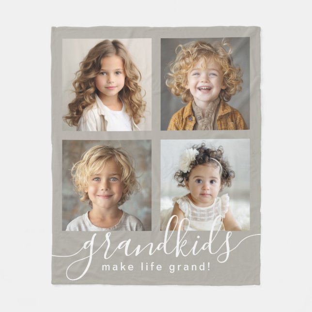Grandkids Make Life Grand 4 Photo Collage Fleece Blanket (Front)