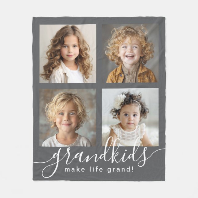 Grandkids Make Life Grand 4 Photo Collage Grey Fleece Blanket (Front)