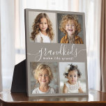 Grandkids Make Life Grand 4 Photo Collage Plaque<br><div class="desc">A thoughtful gift for grandparents, this personalised photo collage plaque features a 4-photo template to personalise with photos of the grandchildren. A combination of modern handwritten script combined with a modern sans serif font spell out "grandkids make life grand!" The background is a neutral taupe beige that has a cosy...</div>