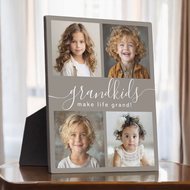 Grandkids Make Life Grand 4 Photo Collage Plaque (Personalize with 4 selected photos for a custom gift for grandparents.)