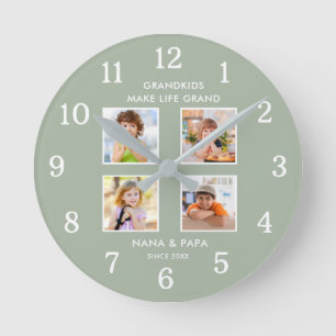 Grandkids Make Life Grand 4 Photo Collage Sage Round Clock