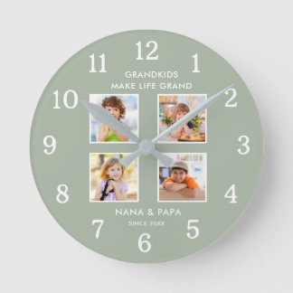 Grandkids Make Life Grand 4 Photo Collage Sage   Round Clock