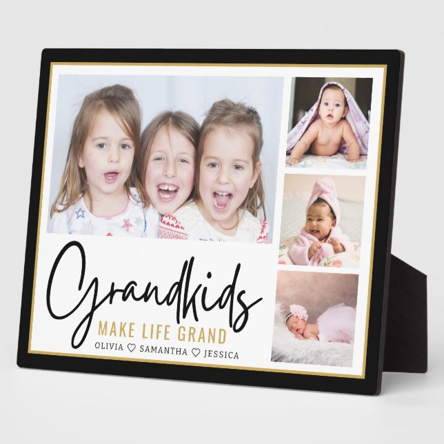 Grandkids Make Life Grand 4 Photo Personalised  Plaque (Side)