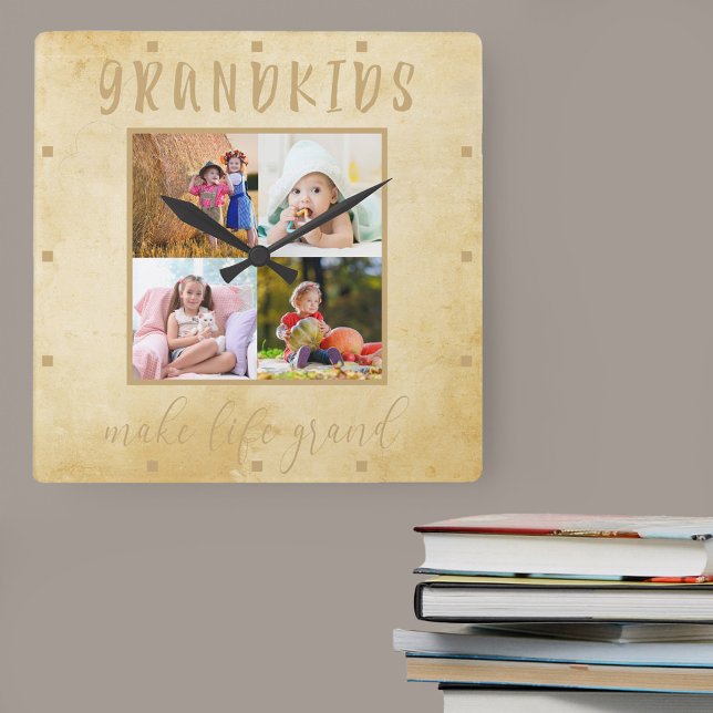 Grandkids make life Grand 4 Photo Rustic Beige Square Wall Clock (Photo gift for grandparents or grandchildren with 4 of your fave pics)