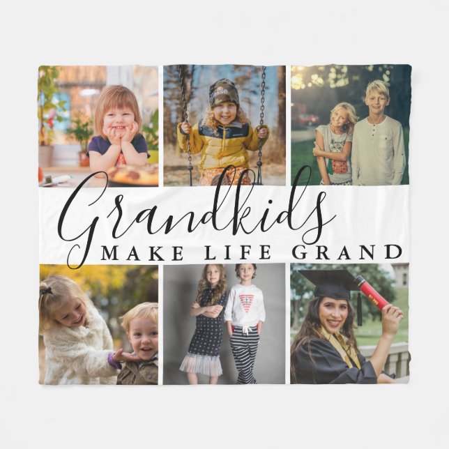 Grandkids Make Life Grand 6 Photo Gift For Grandma Fleece Blanket (Front (Horizontal))