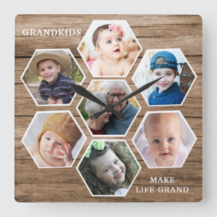 Grandkids Make Life Grand 7 Photo Collage Wood Square Wall Clock