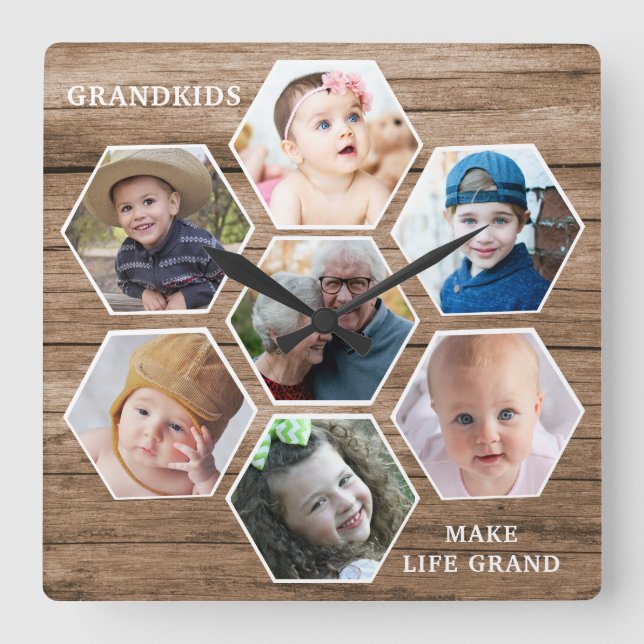 Grandkids Make Life Grand 7 Photo Collage Wood Square Wall Clock (Front)