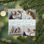 Grandkids Make Life Grand | 8 Mini Photo Ceramic Ornament<br><div class="desc">Create a sweet gift for a beloved grandma or grandpa with this beautiful collage photo ornament. "Grandkids make life grand" appears in the centre in aqua calligraphy lettering. Customise with 8 mini rectangular photos of their grandchildren,  and add their names and the year to the back.</div>