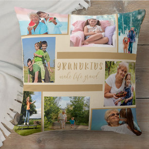 Grandkids Make Life Grand 8 Photo Collage Beige Cushion
