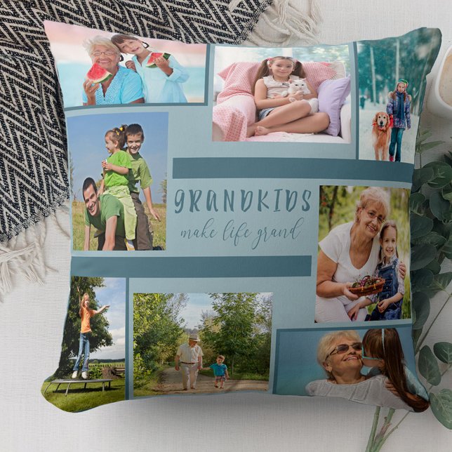 Grandkids Make Life Grand 8 Photo Collage Blue Cushion (Creator Uploaded)