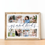 Grandkids Make Life Grand | 8 Photo Collage Poster<br><div class="desc">Create a sweet gift for a beloved grandma or grandpa with this beautiful photo collage print. "Grandkids make life grand" appears in the centre in navy blue and grey calligraphy script lettering. Customise with 8 photos of their grandchildren for a unique gift for Grandparents Day,  holidays,  or birthdays.</div>