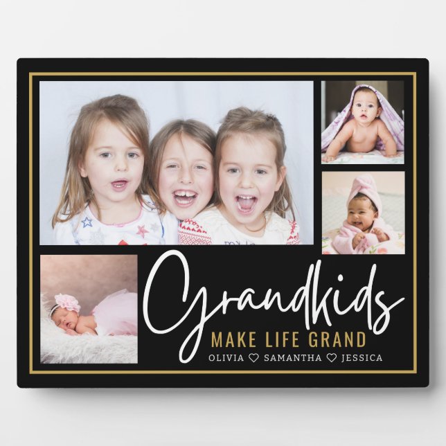 Grandkids Make Life Grand Black And Gold 4 Photo  Plaque (Front)
