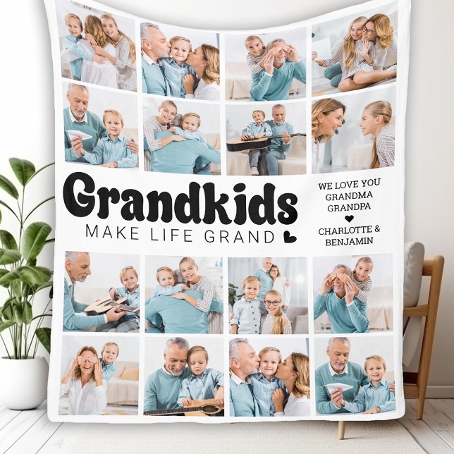 Grandkids Make Life Grand Custom 16 Photo Collage Fleece Blanket (Creator Uploaded)