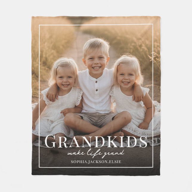 Grandkids Make Life Grand Grandparent Gift Photo Fleece Blanket (Front)