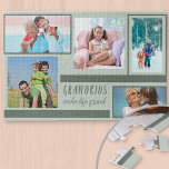 Grandkids Make Life Grand Green 5 Photo Collage Jigsaw Puzzle<br><div class="desc">Create your own unique photo puzzle with 5 of your favourite pictures. The lovely grandkids quote is hand lettered and reads "Grandkids make life grand" which makes this a wonderful gift for your grandchildren, nana, grandad or grandparents. The photo template is set up ready for you to add your images...</div>